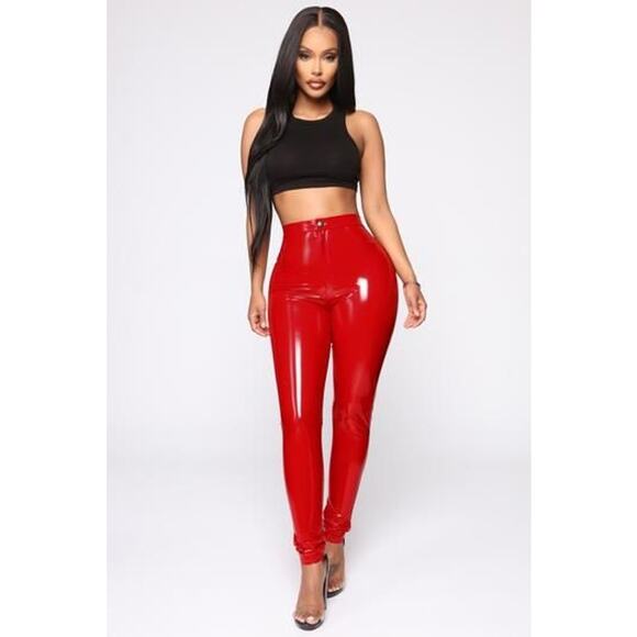 NEW Fashion Nova Tummy Tuck Women Red Faux Leather Vegan Patent Leggings Pants S - Picture 1 of 6